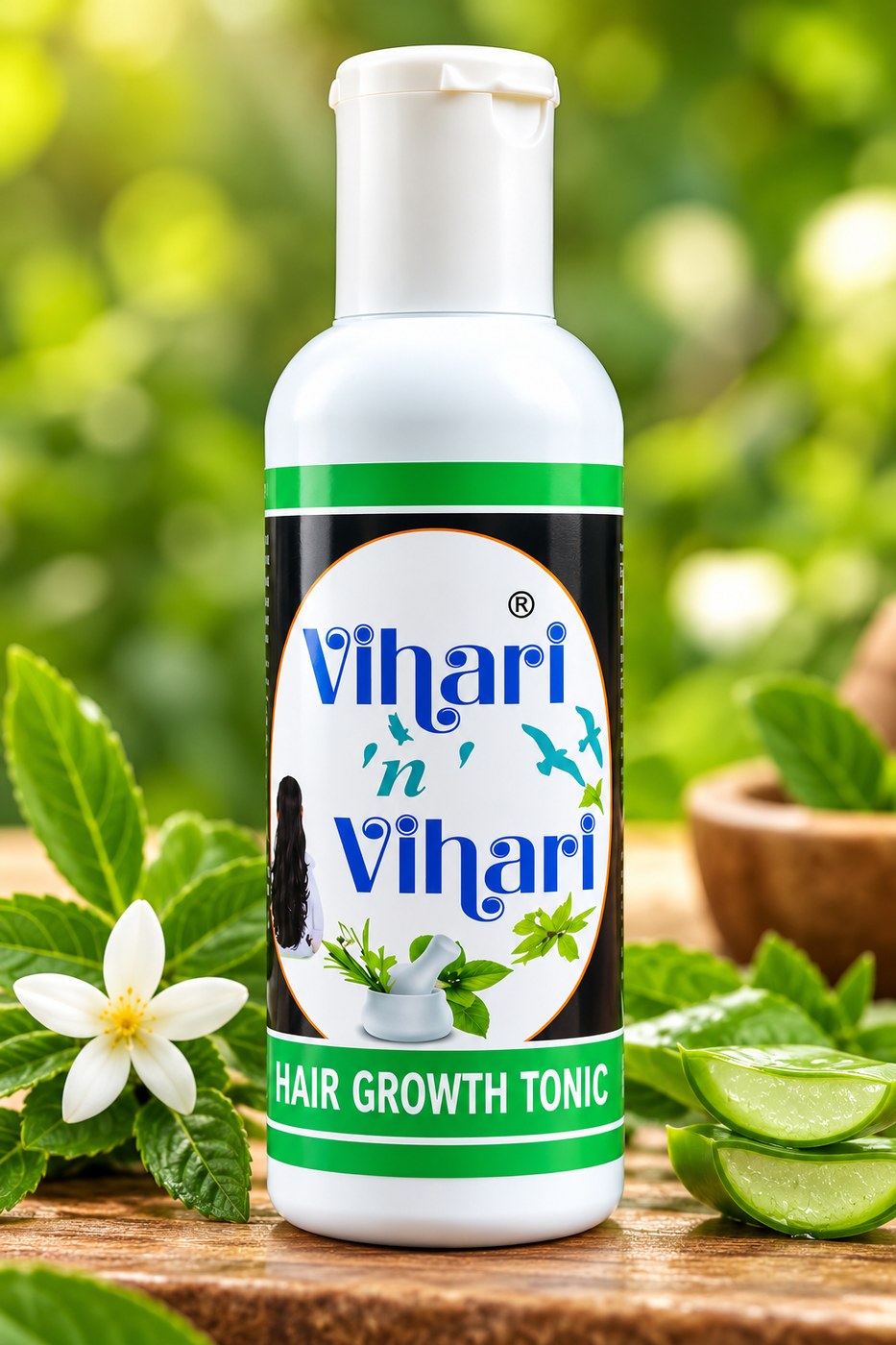 Vihari 'n' Vihari Ayurvedic Hair Oil bottle close-up showing the front label