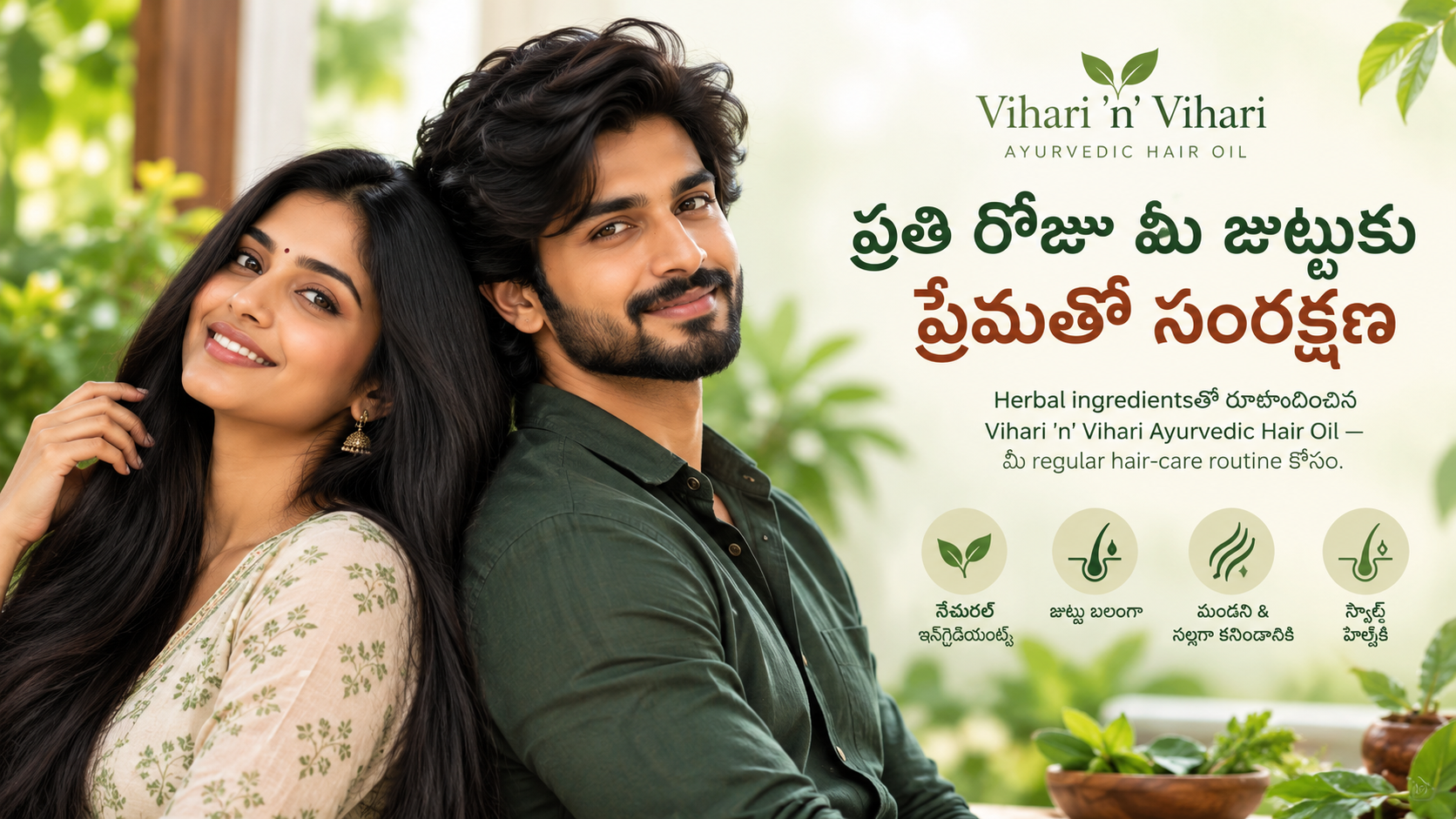 Vihari 'n' Vihari — a man and woman with healthy, naturally radiant hair in a green garden setting